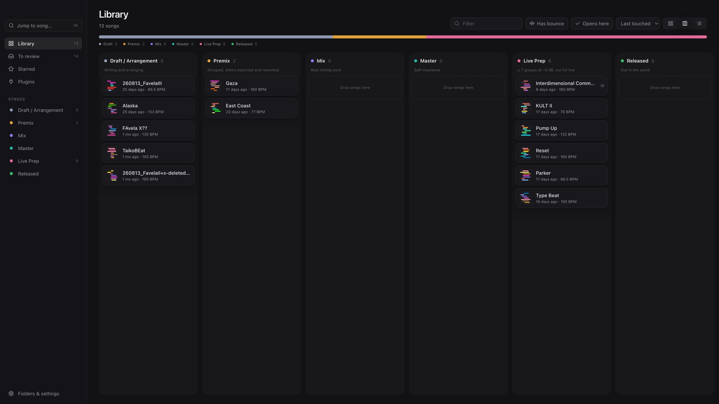 The release board: songs by stage