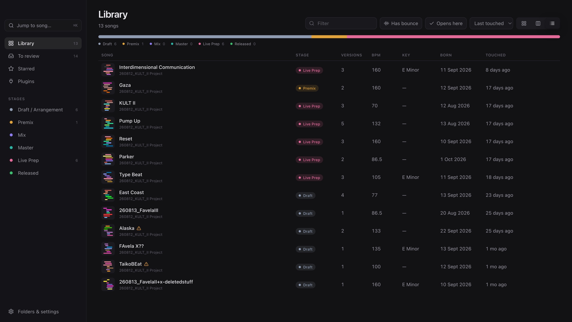 The library: every song with its cover, stage, versions, BPM and key