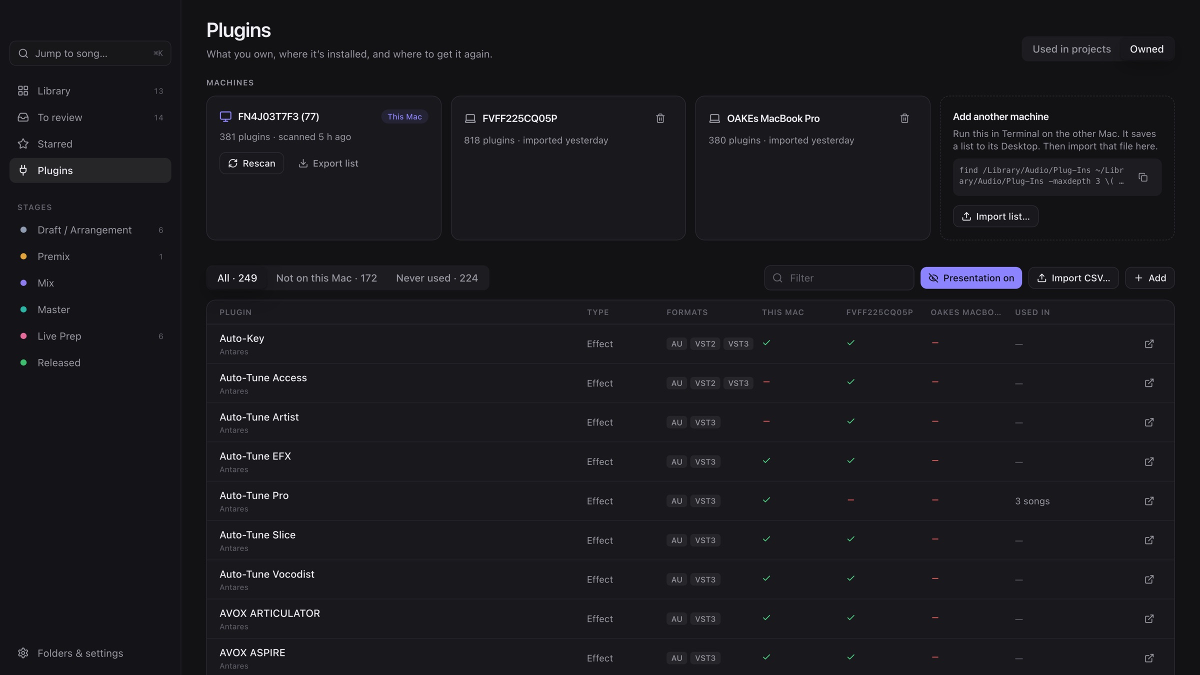 Owned plugins: install status per Mac and usage in songs